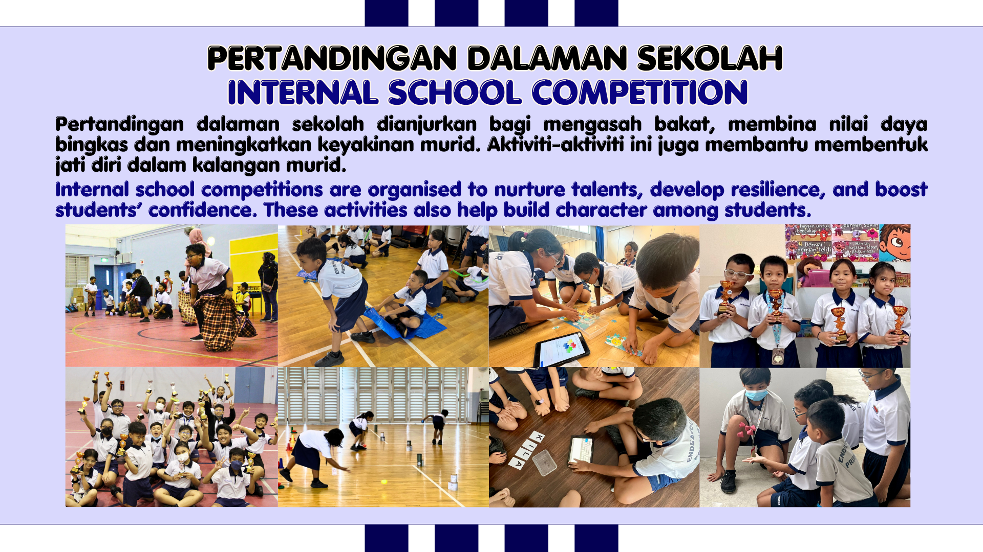 Poster titled Internal School Competition showing eight photos of children participating in various school activities and holding trophies.