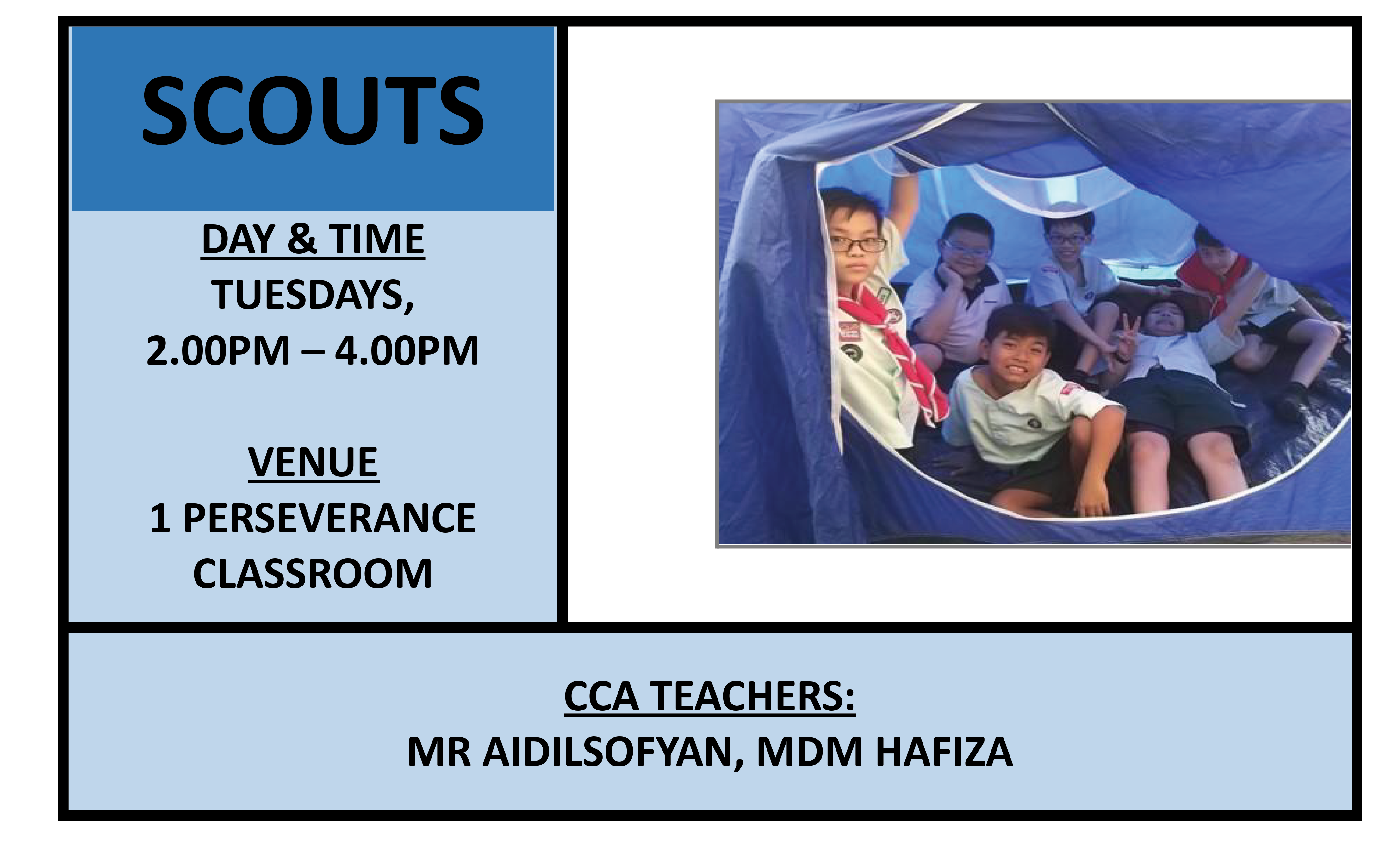 Scouts CCA flyer, Tuesdays, 2-4PM, 1 PE Classroom, showing children in a blue tent, with schedule Tuesdays 2-4PM and teacher names listed.