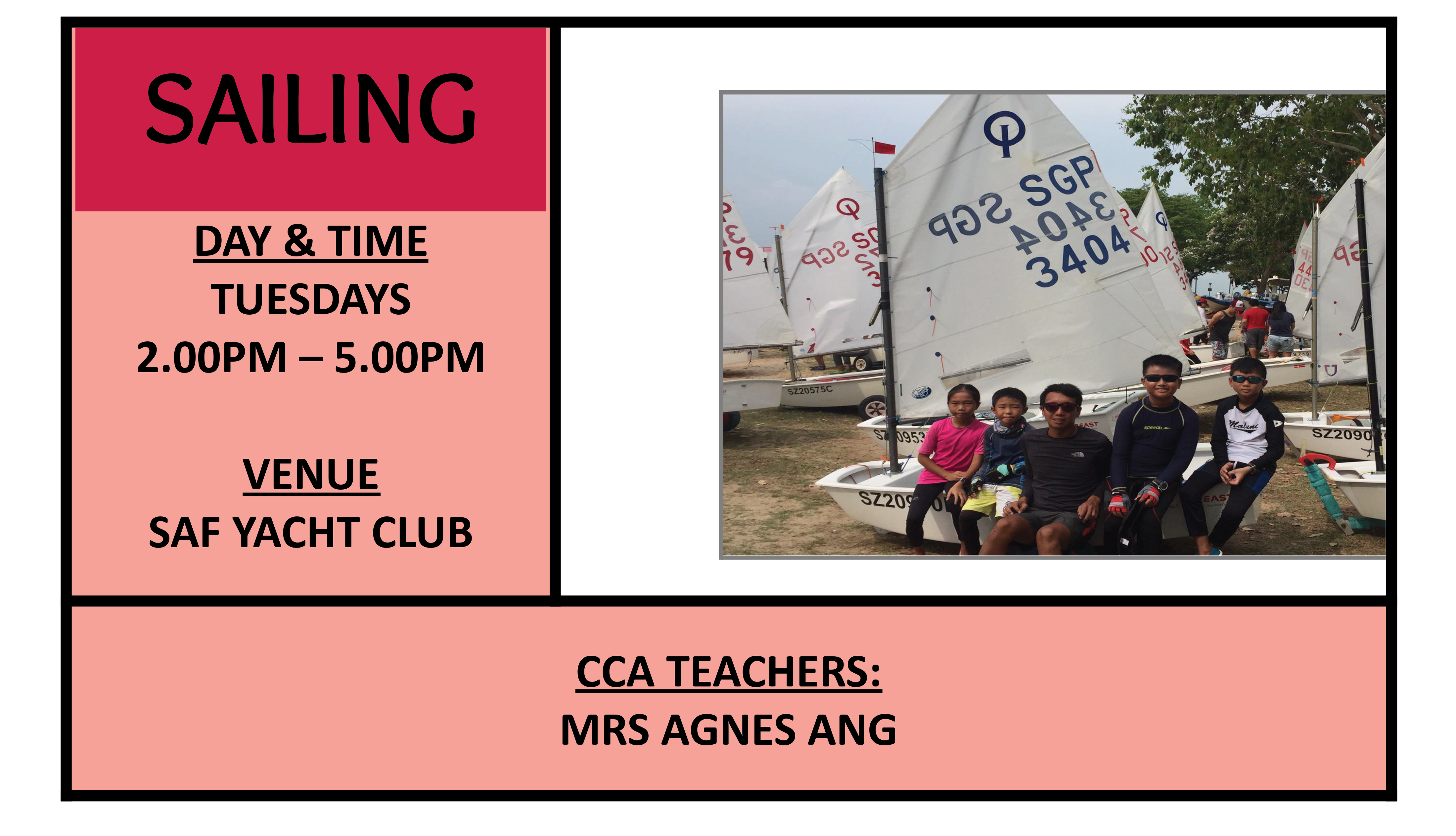 Sailing CCA flyer showing Tuesdays 2-5pm at SAF Yacht Club, with four people posing beside sailboats.