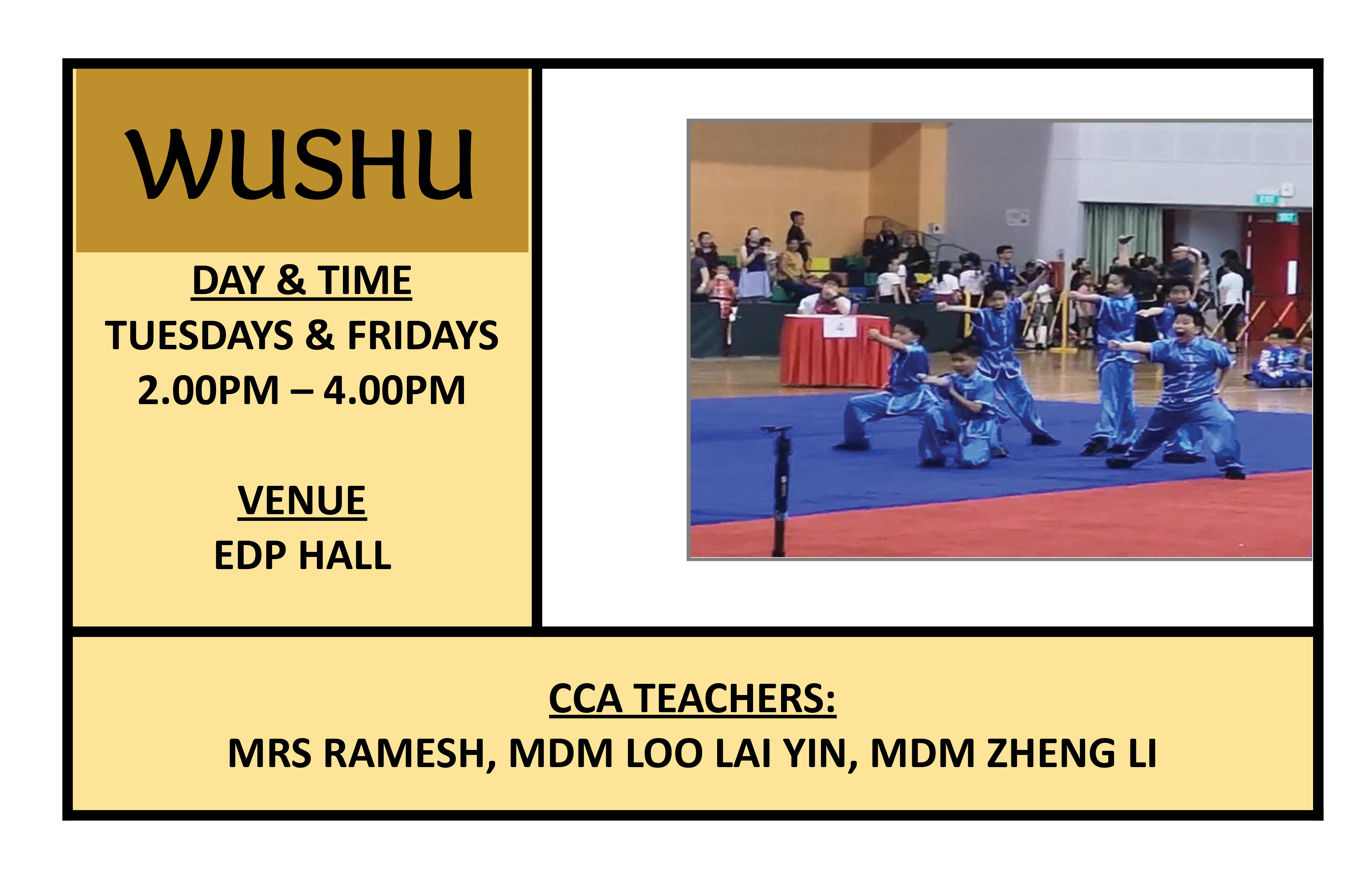 Wushu CCA, Tuesdays & Firdays, 2-4PM, EDP Hall, flyer showing children in blue uniforms performing on mats, with schedule and teacher details listed.