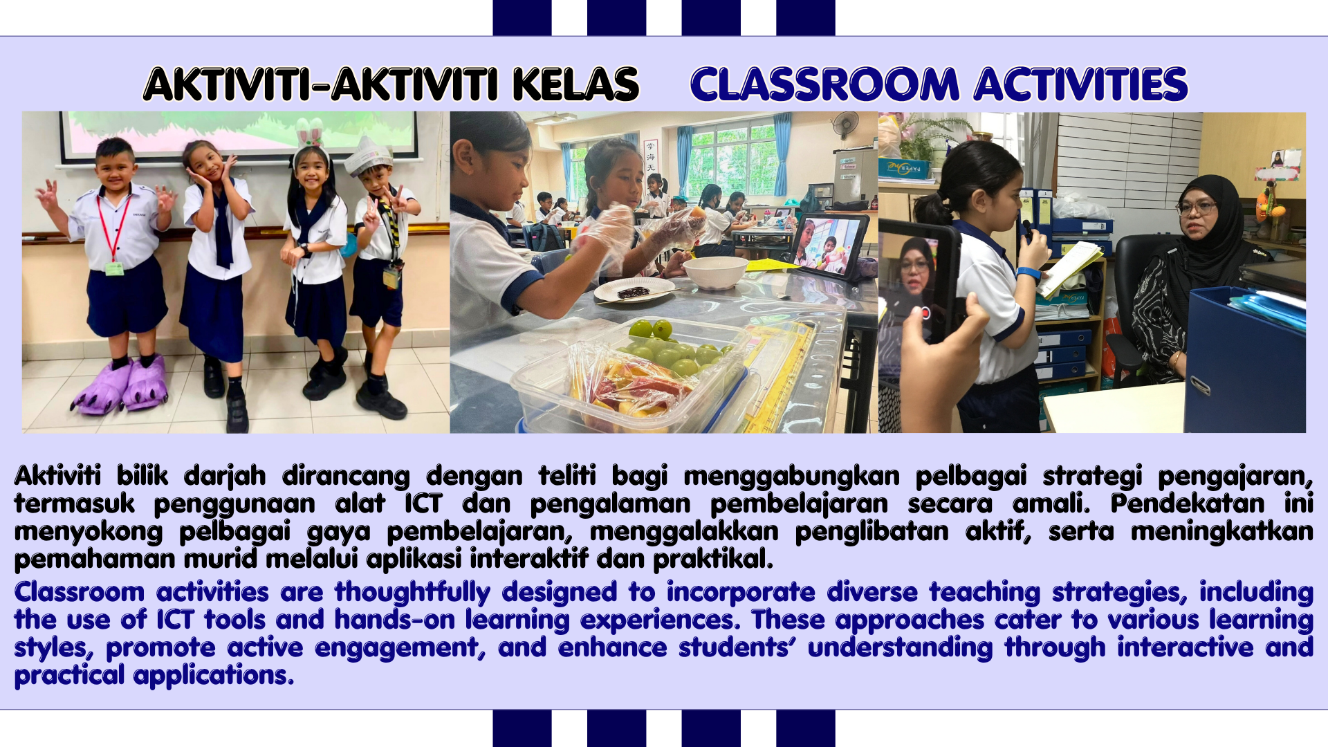 Three classroom activity photos showing young students posing, doing a food activity, and using a tablet with a teacher.