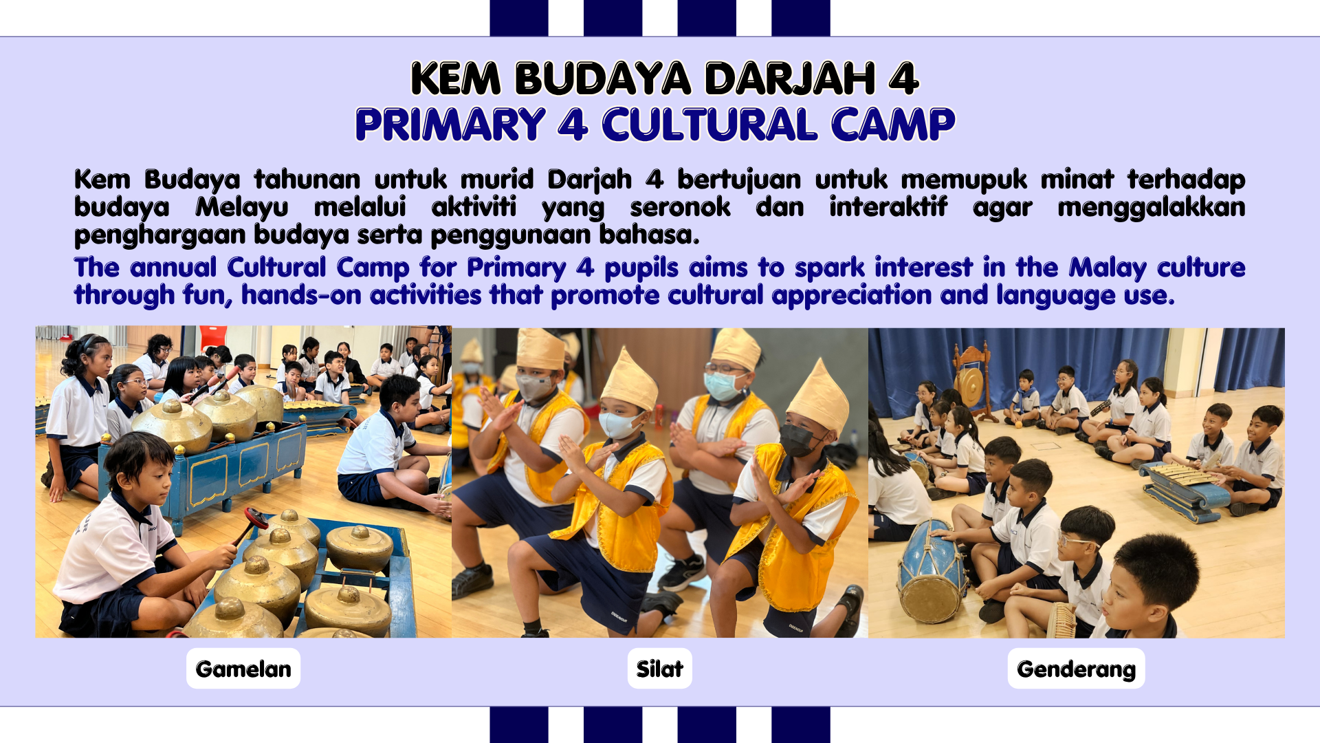 Primary 4 students at a Cultural Camp doing gamelan, silat martial arts, and genderang drumming activities.