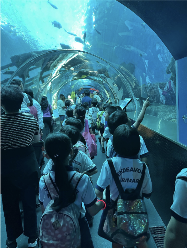 Children in white school uniforms walk through a curved underwater aquarium tunnel surrounded by fish and marine life.