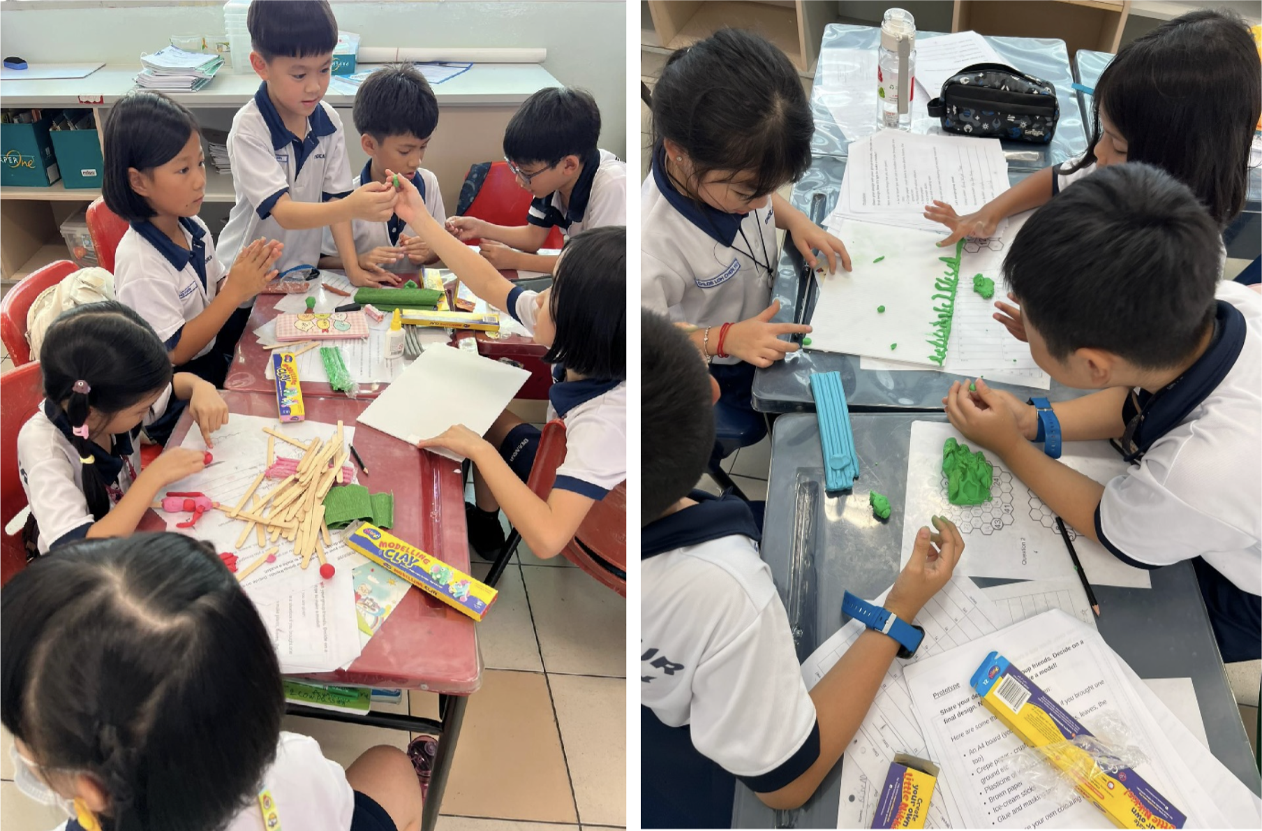 Image showing primary school students collaborating at classroom tables, crafting with clay, wooden popsicle sticks, and worksheets.