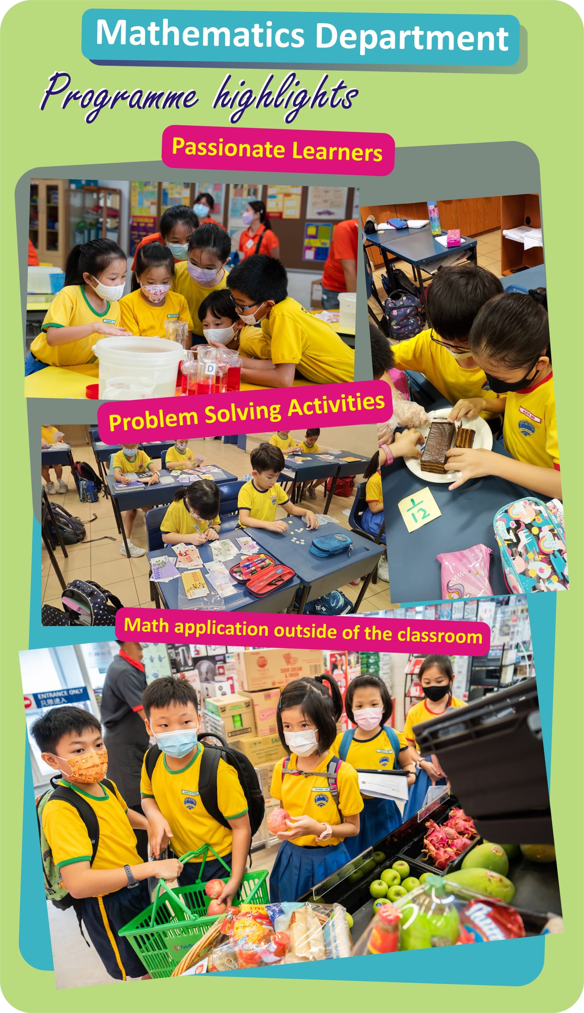 Flyer showing young students in yellow uniforms doing math activities in class and shopping at a grocery store.