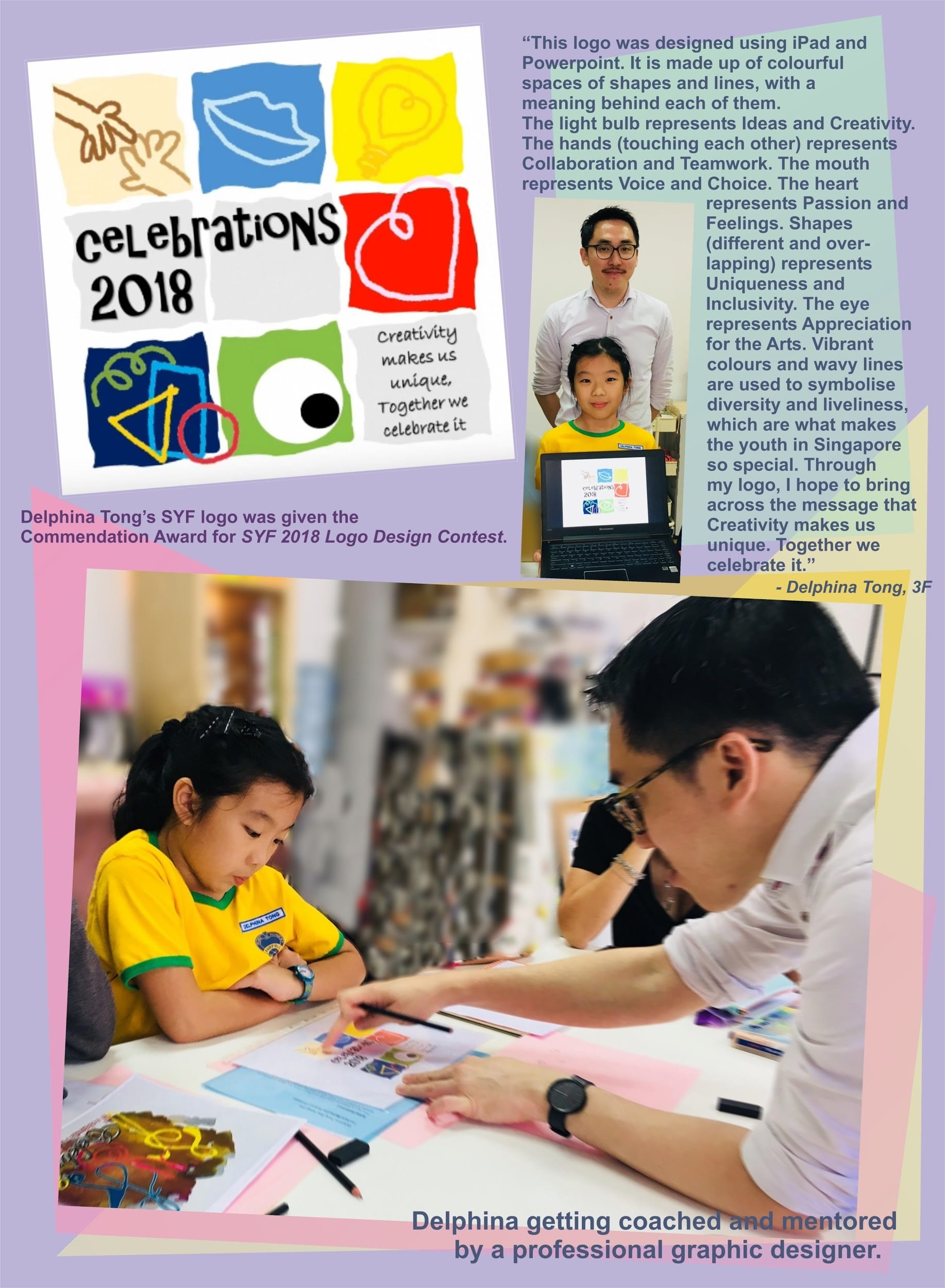 A young girl and her teacher work on logo designs, with the award-winning colorful Celebrations 2018 SYF logo displayed nearby.