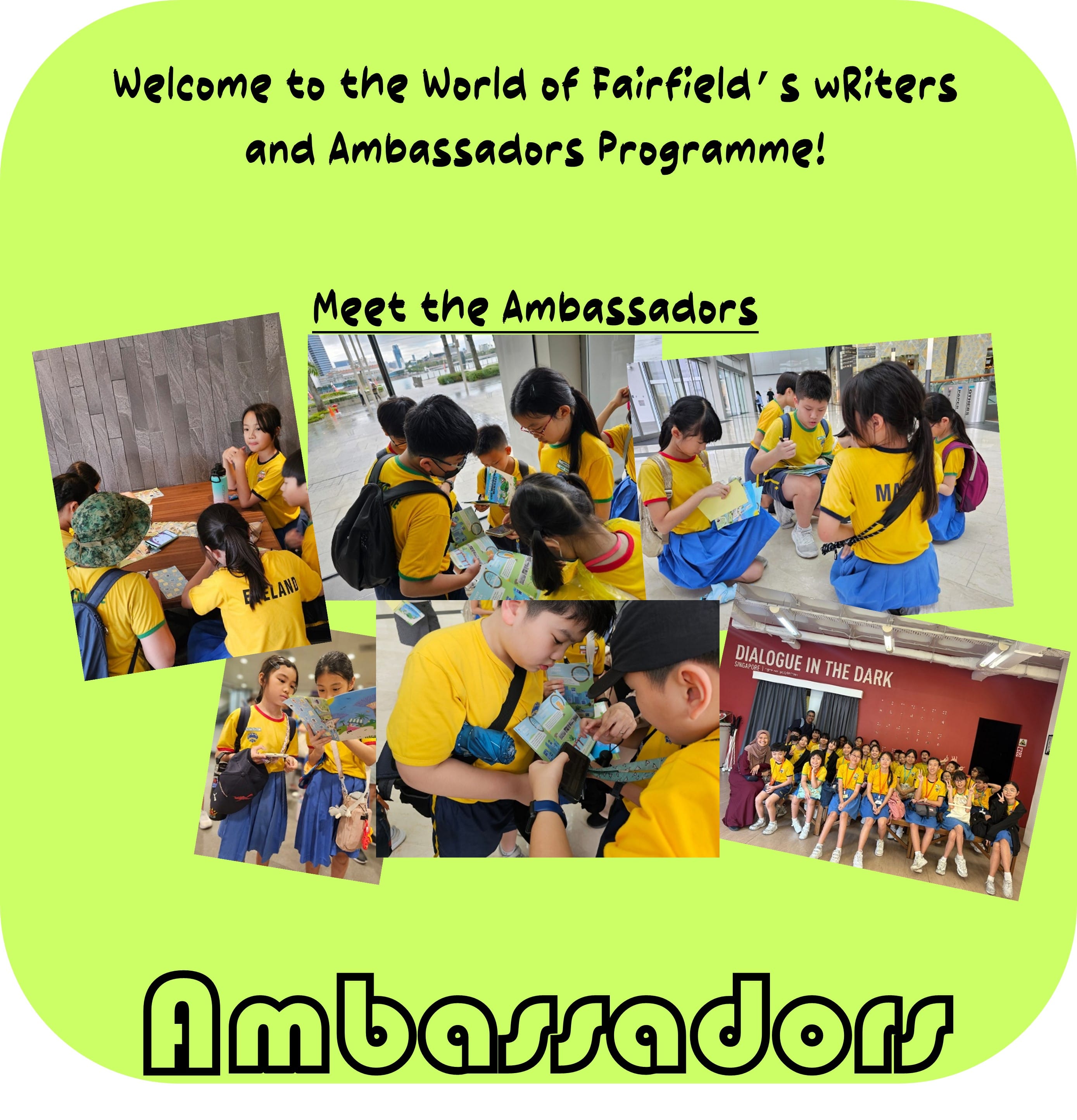 Collage of students in yellow uniforms for Fairfield's Writers and Ambassadors Programme, posing and reading materials.