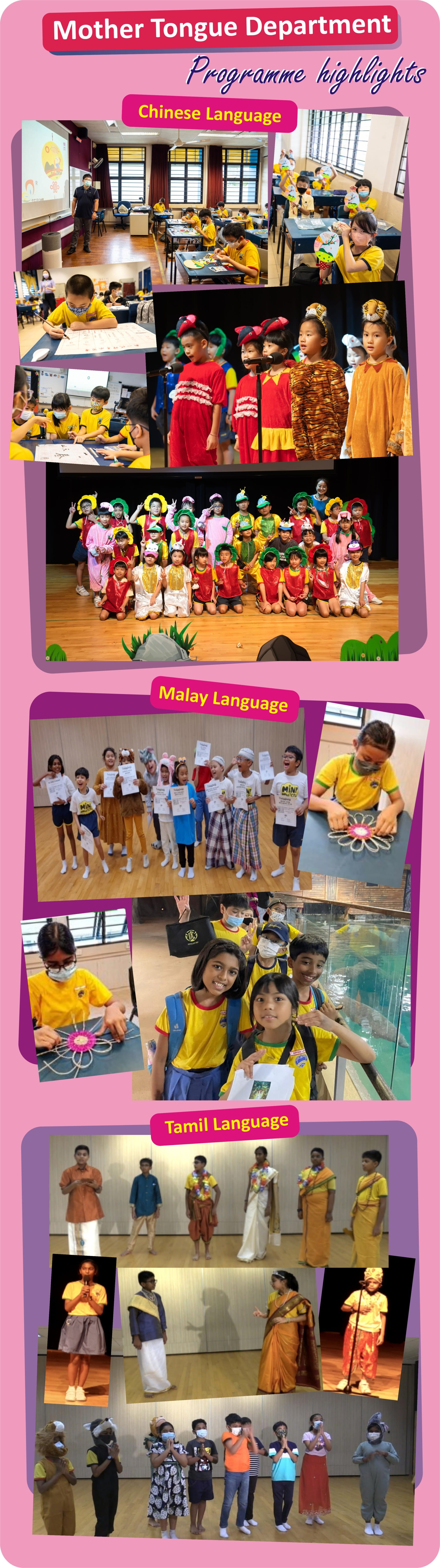 Mother Tongue Department programme highlights showing students in Chinese, Malay, and Tamil language activities and costumes.