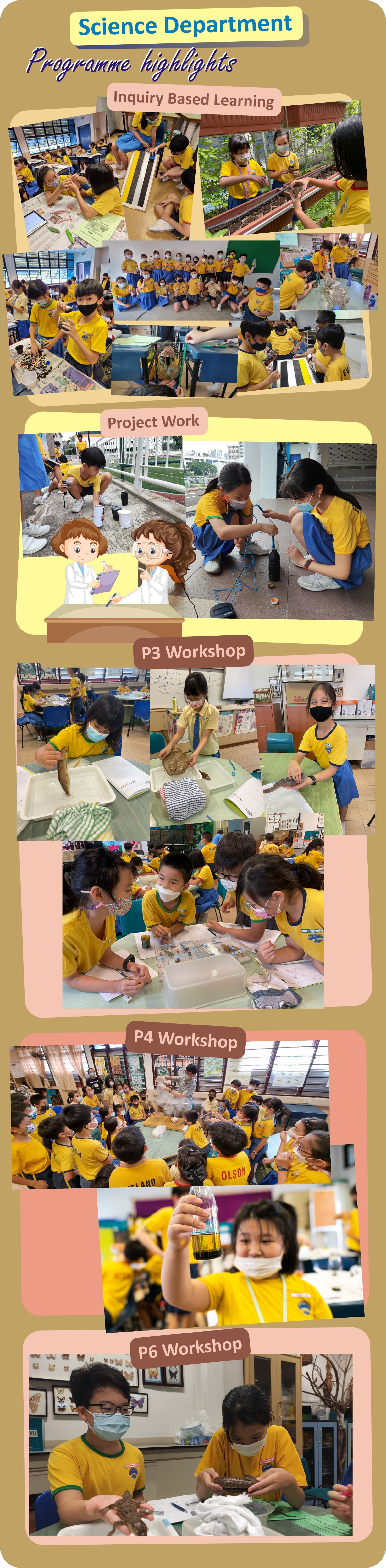 Poster titled Science Department showing students in yellow uniforms doing experiments and workshops in class.