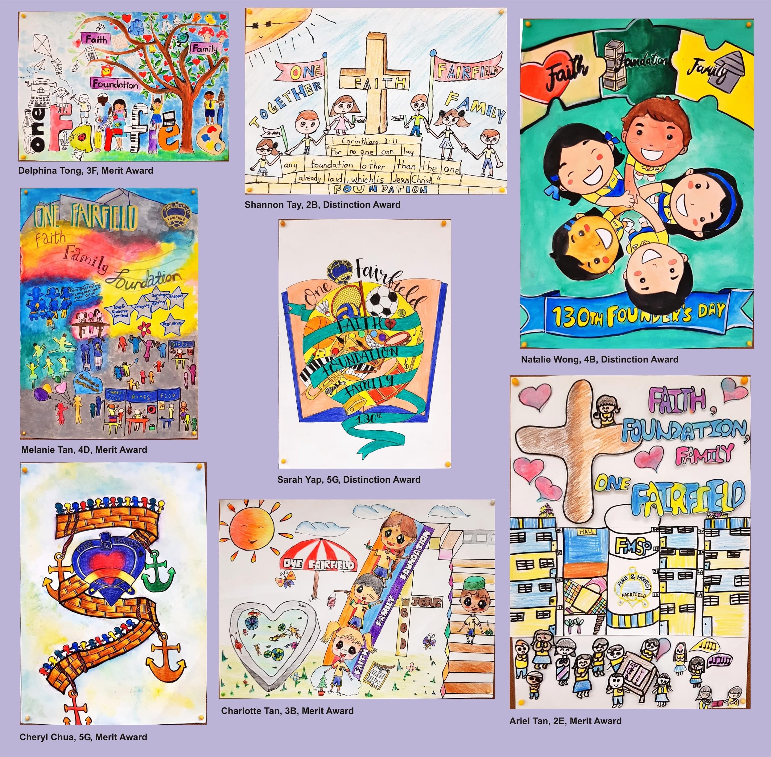 Eight student artwork posters on faith, family, and foundation themes, with award labels and artist names below each.