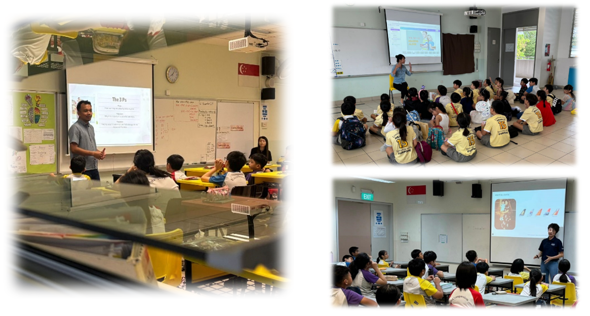 Three classroom scenes show teachers presenting on projector screens to groups of young students seated at desks or on floors.
