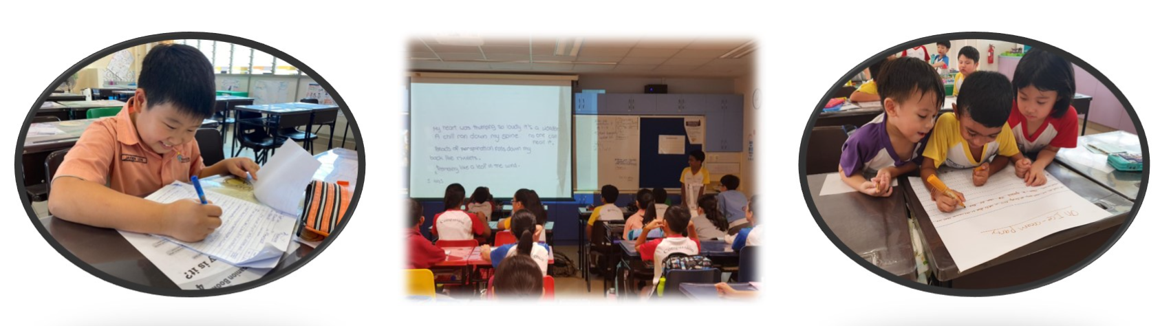 Three classroom scenes: a boy writing, students facing a projected screen, and two children writing together on paper.