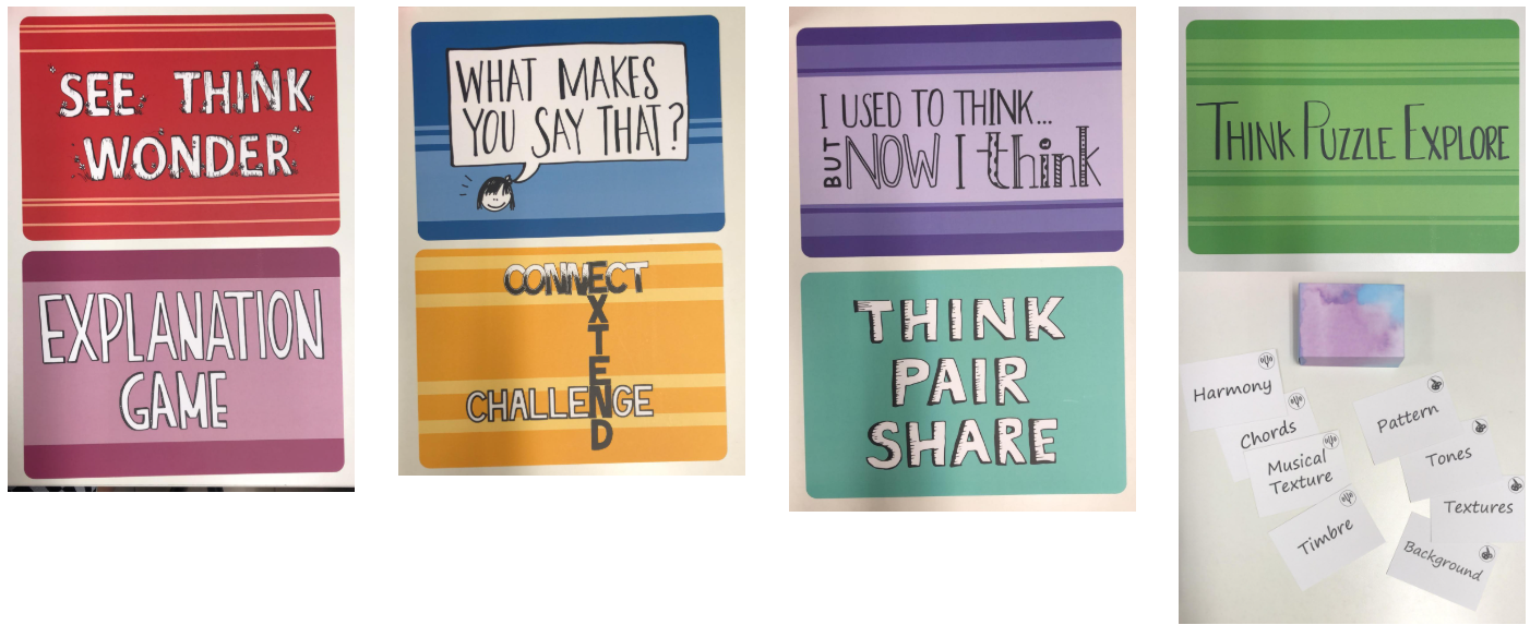 Four colorful thinking routine cards showing See Think Wonder, Connect Extend Challenge, Think Pair Share, and Think Puzzle Explore.