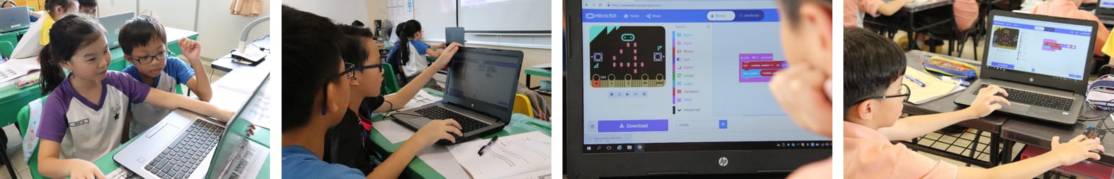 Children in a classroom using laptops, with one screen showing the micro:bit block coding editor.