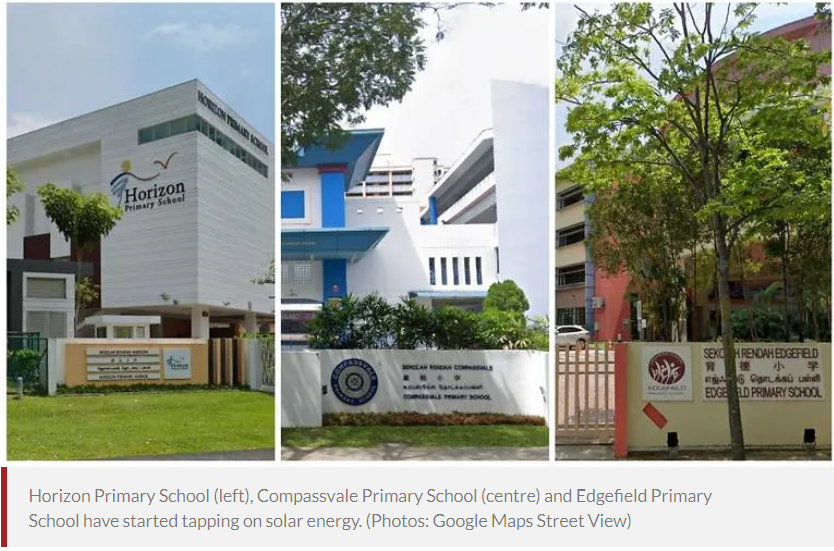 Three Singapore primary school buildings: Horizon, Compassvale, and Edgefield, each showing their entrance signs.