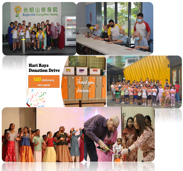 Collage of community events including group photos, a Hari Raya Donation Drive, and cultural performances with children and elders.