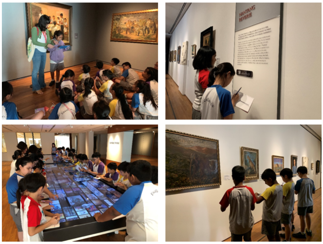 Children on a museum field trip view paintings, take notes, and interact with a large digital touch table display.