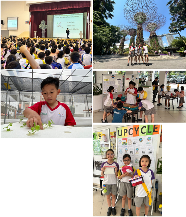 Five school activity scenes: assembly, Gardens by the Bay visit, hydroponics, group work, and upcycle project display.