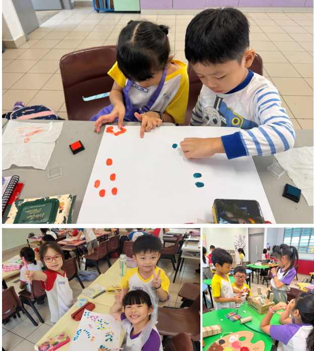 Young children doing fingerprint stamping art with colorful ink pads on white paper at classroom tables.