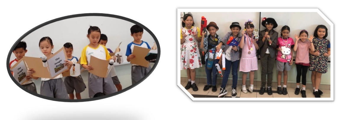 Children reading from booklets in one photo, and kids in costumes posing together in another photo.