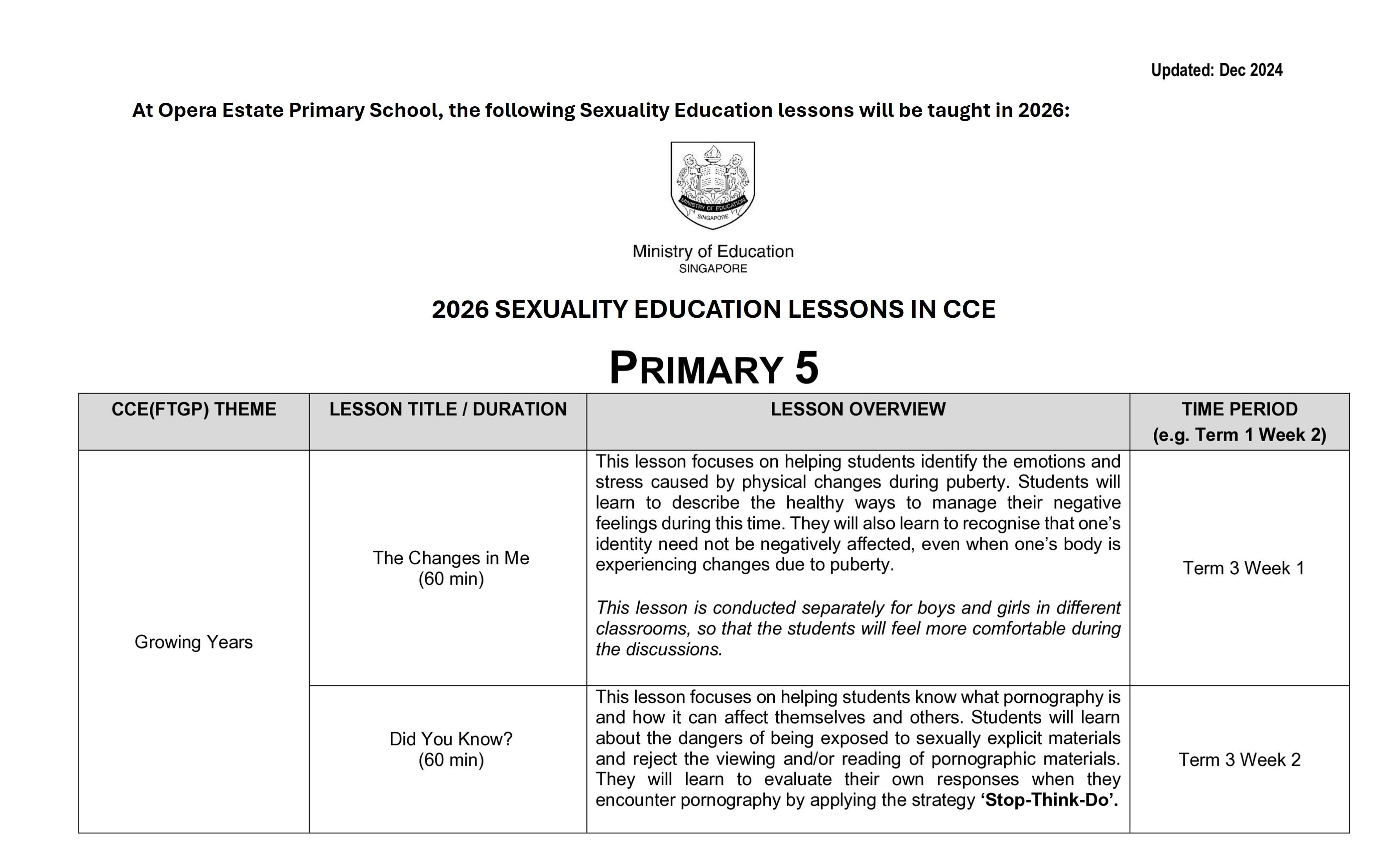 A table listing 2026 Primary 5 Sexuality Education lessons under CCE, with titles, overviews, and time periods.