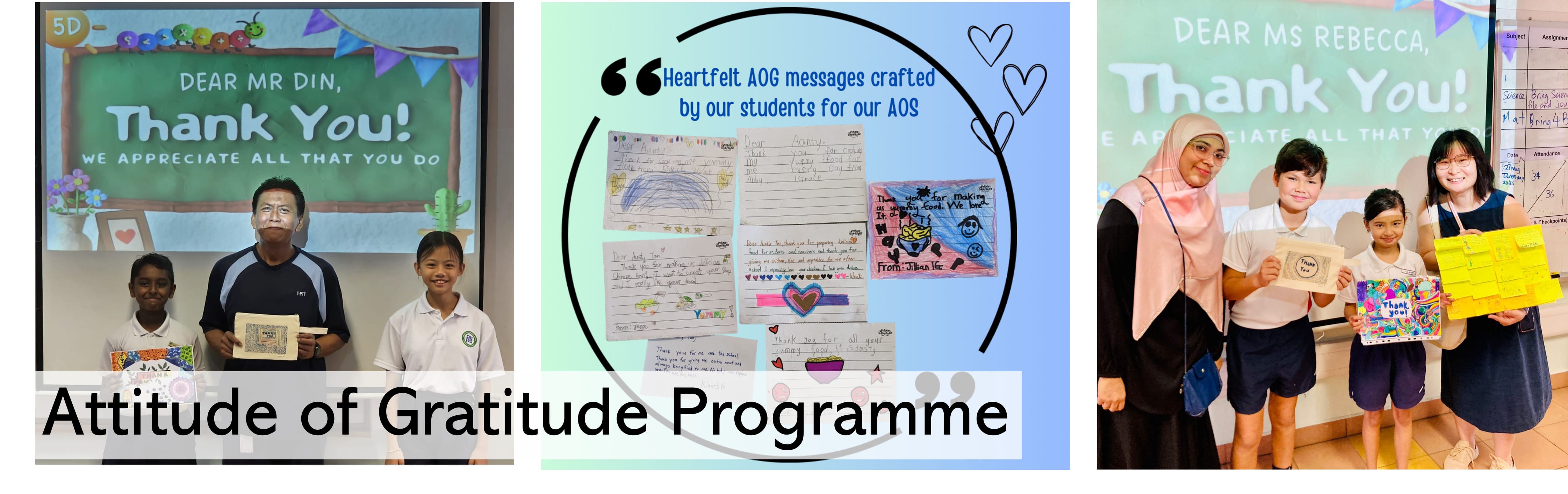 Students and teachers pose with thank-you cards and letters for the Attitude of Gratitude Programme.