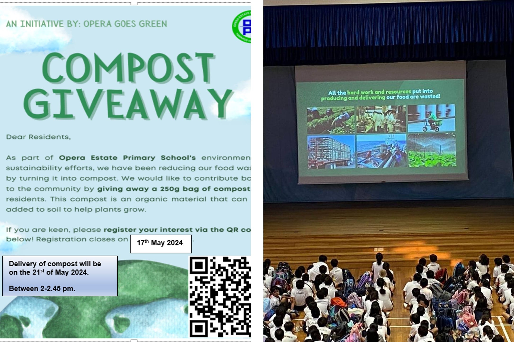 Compost giveaway flyer by Opera Goes Green beside students in a hall watching a food waste presentation on screen.