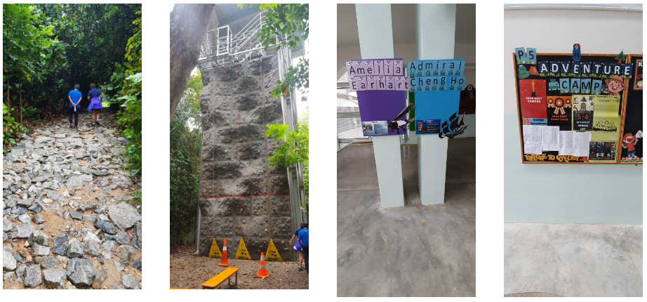 Four camp scenes: rocky trail with two hikers, tall climbing wall, colorful team signs, and a P5 Adventure Camp notice board.