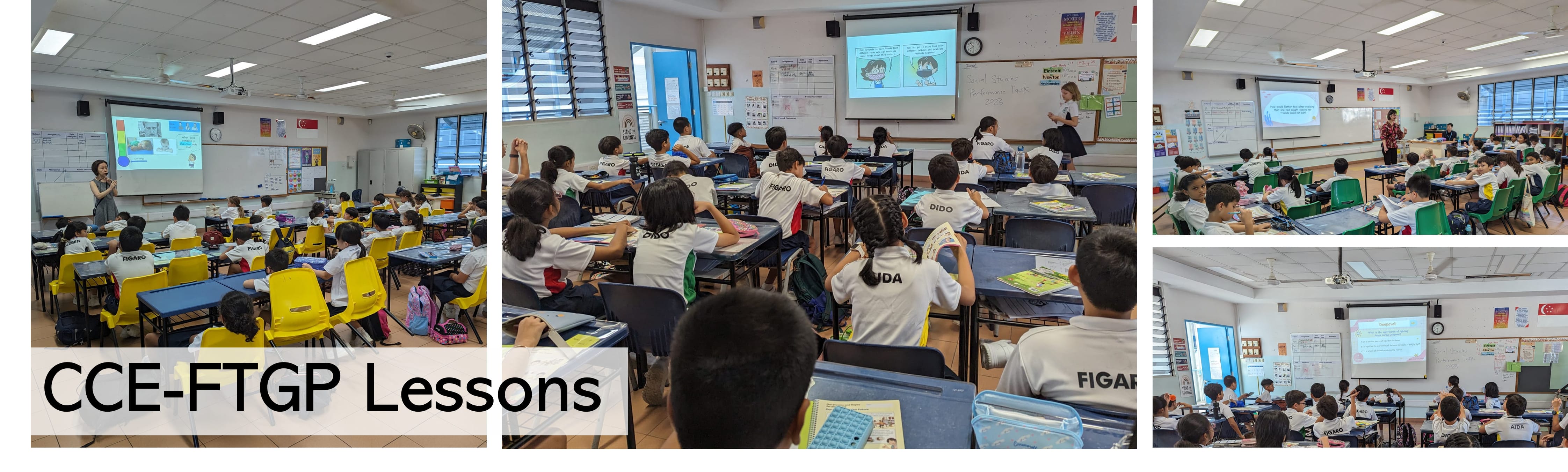 Four classroom scenes labeled CCE-FTGP Lessons showing students in uniforms watching projected screens while teachers instruct.