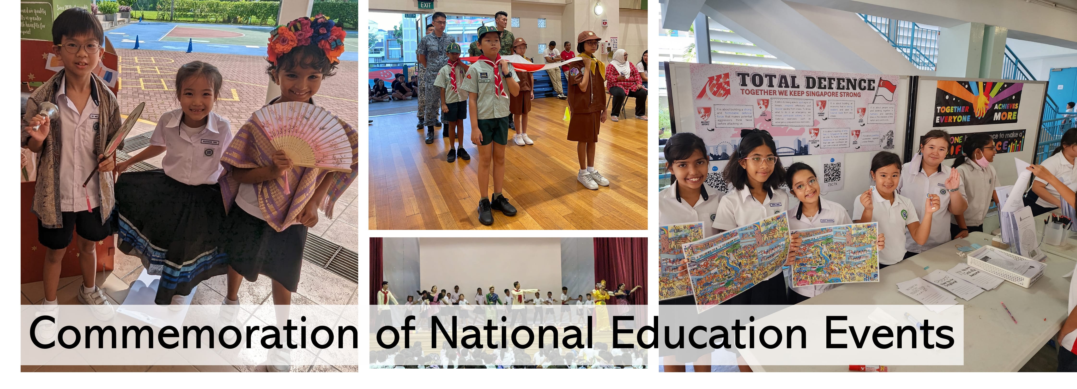 Students in costumes, uniforms, and at a Total Defence booth during National Education Events commemoration.