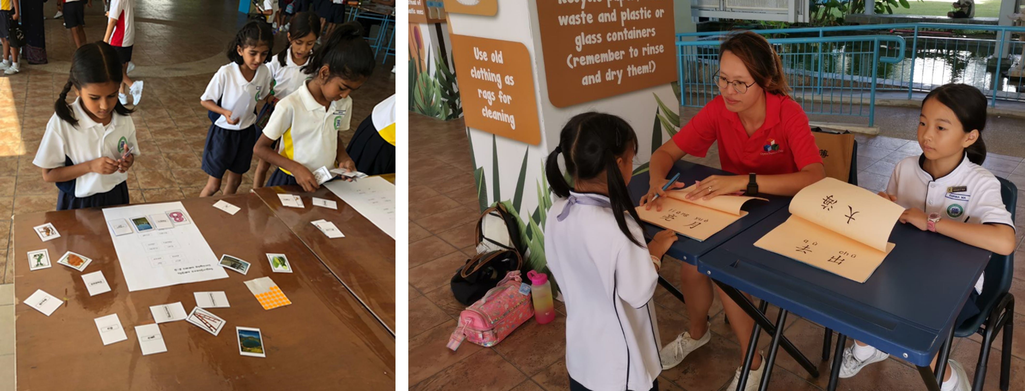 Two school scenes: girls sorting picture cards on a table, and a teacher with two students studying Chinese characters.