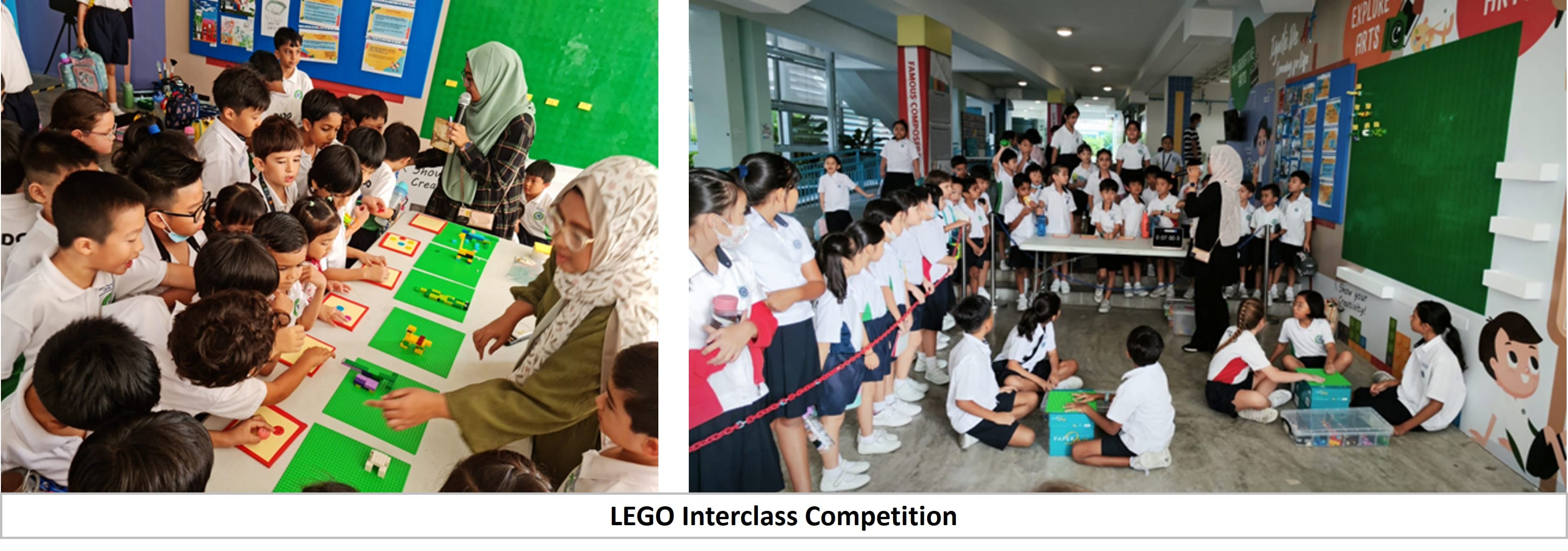 Students in uniforms participate in a LEGO Interclass Competition, gathered around tables with LEGO bricks guided by teachers.