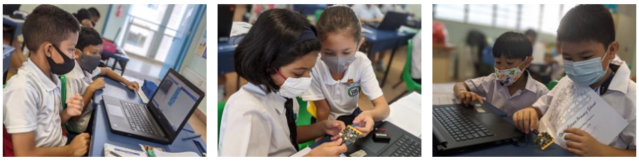Three photos of masked schoolchildren in uniforms working together on laptops and small electronic devices in a classroom.