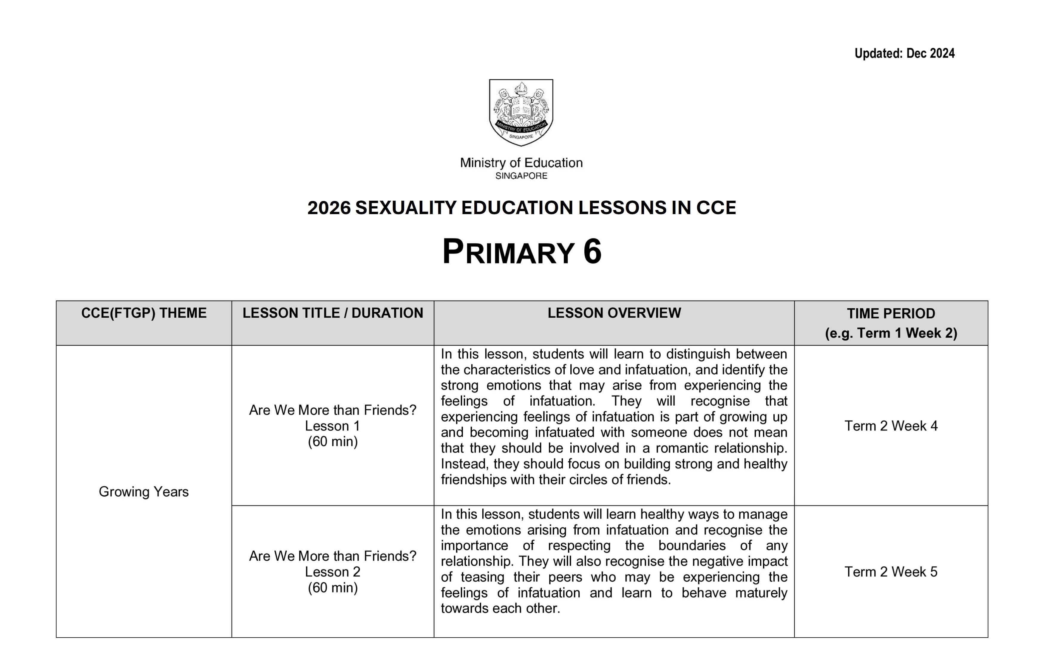Singapore MOE 2026 Primary 6 Sexuality Education CCE lesson plan table with two lessons on Growing Years theme.