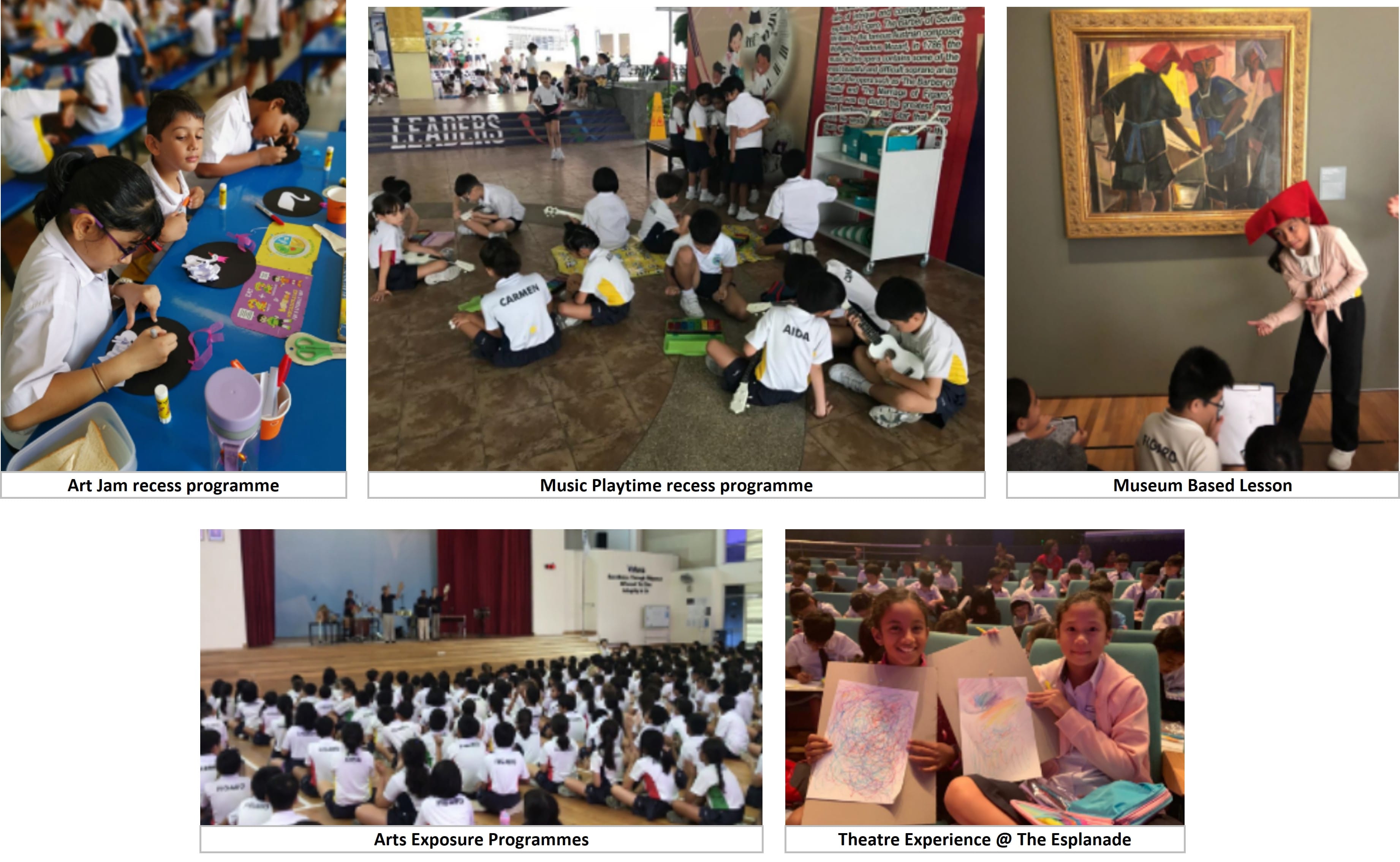 Five photos show school children doing art, music, museum, assembly, and theatre activities at various school programmes.