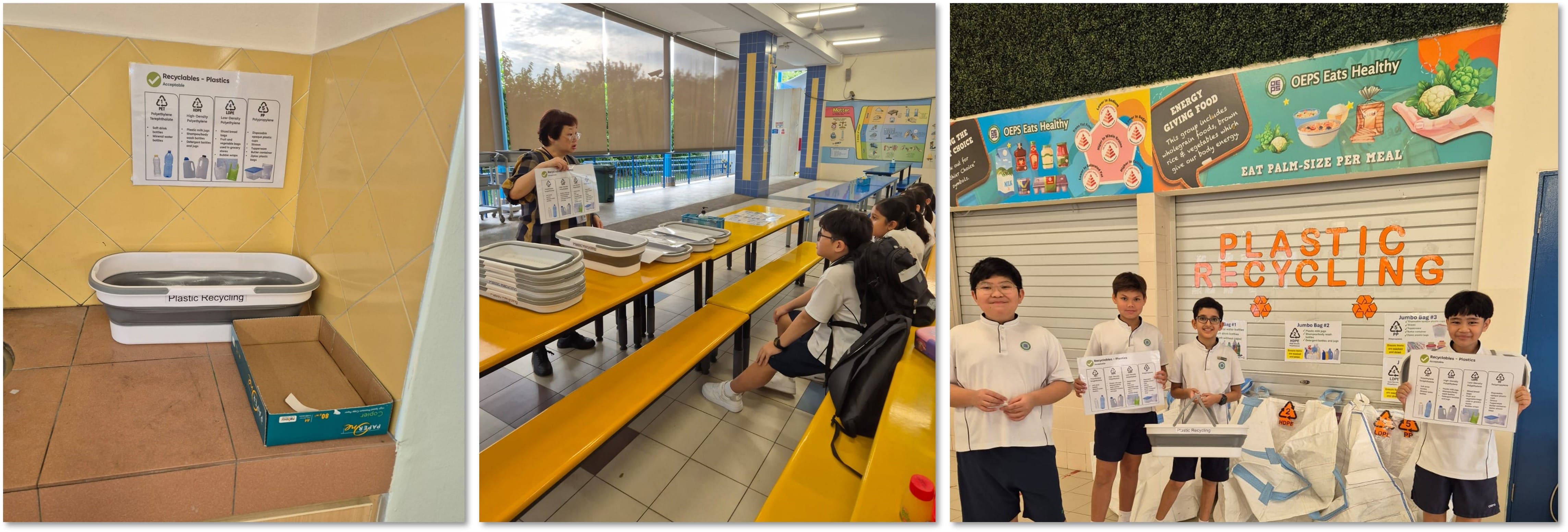 Four students stand by a Plastic Recycling station at school, with bins and informational signs nearby.
