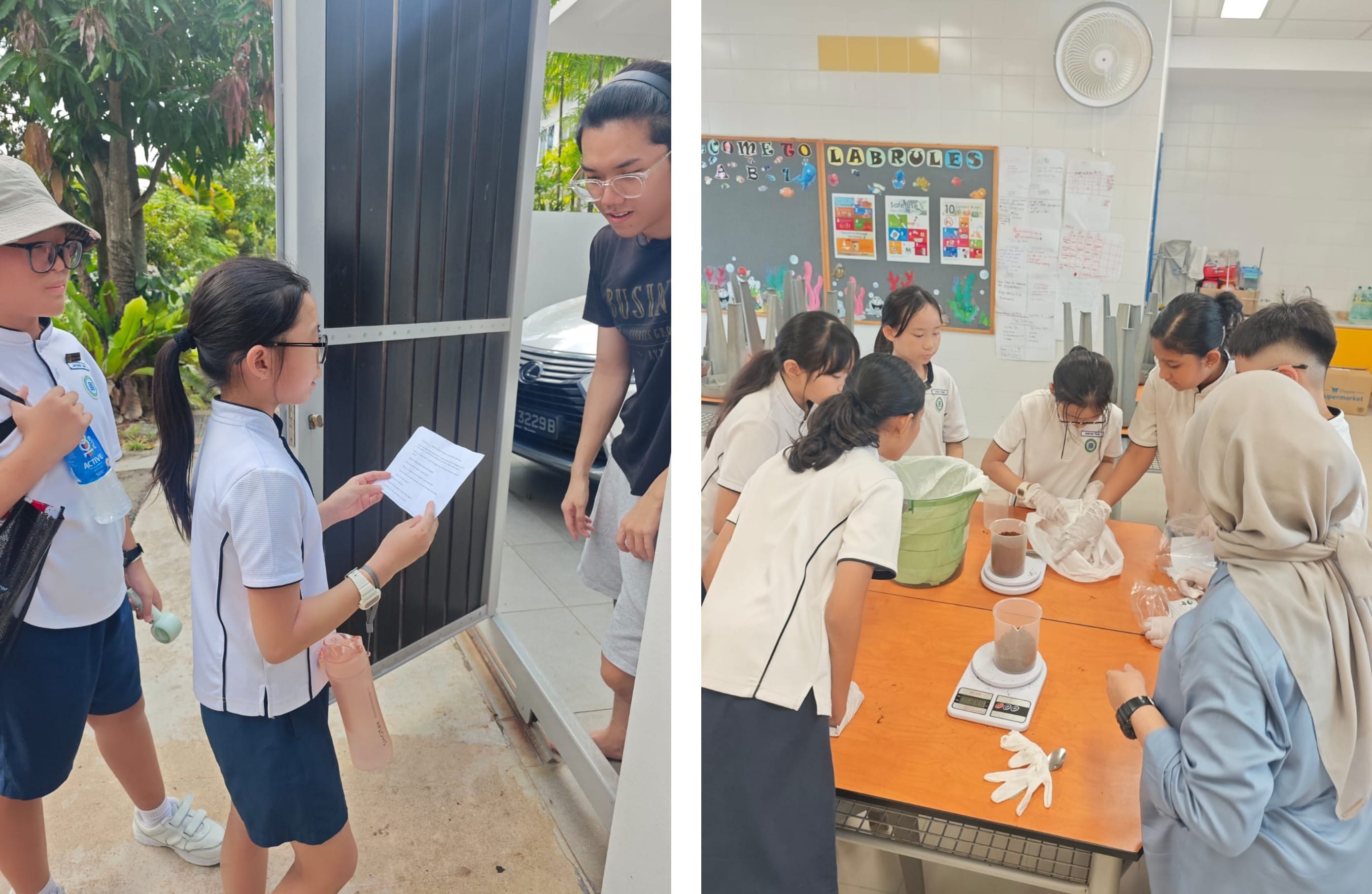 Students in uniform conduct a doorstep survey outdoors and perform a lab experiment with scales and containers indoors.