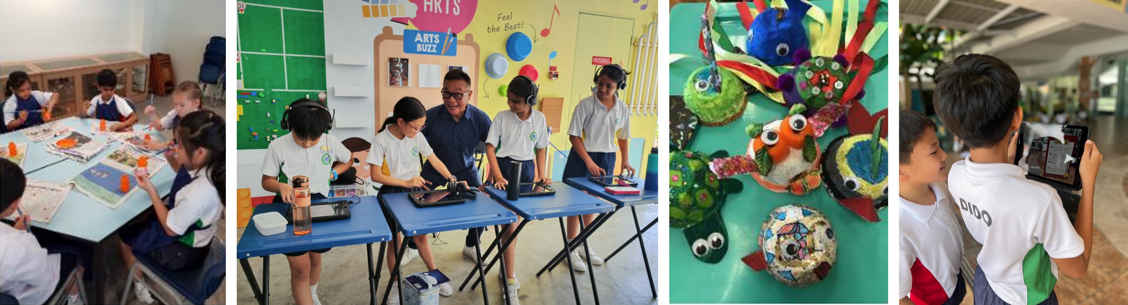 Four school scenes: students doing art, kids with tablets and headphones, colorful craft animals, and a boy filming with a tablet.