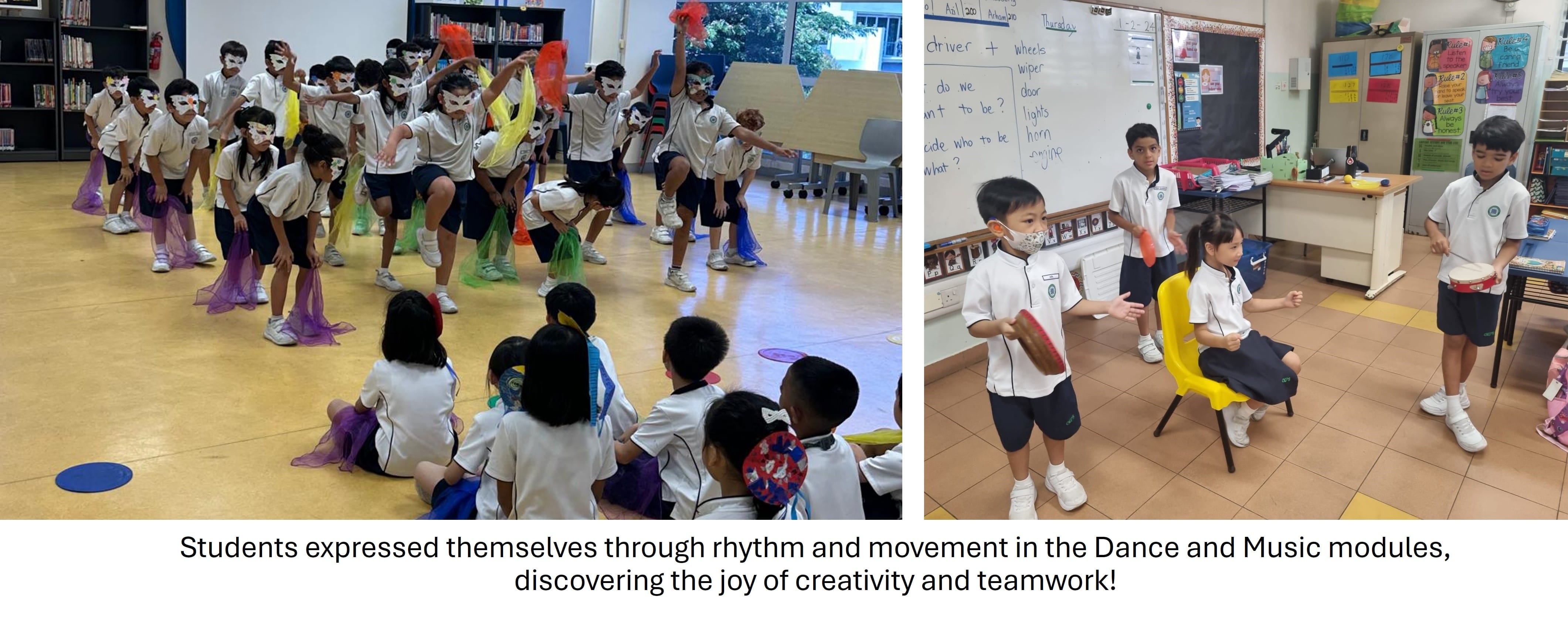 Students in uniforms dance with colorful scarves and masks, while others play instruments in a classroom.
