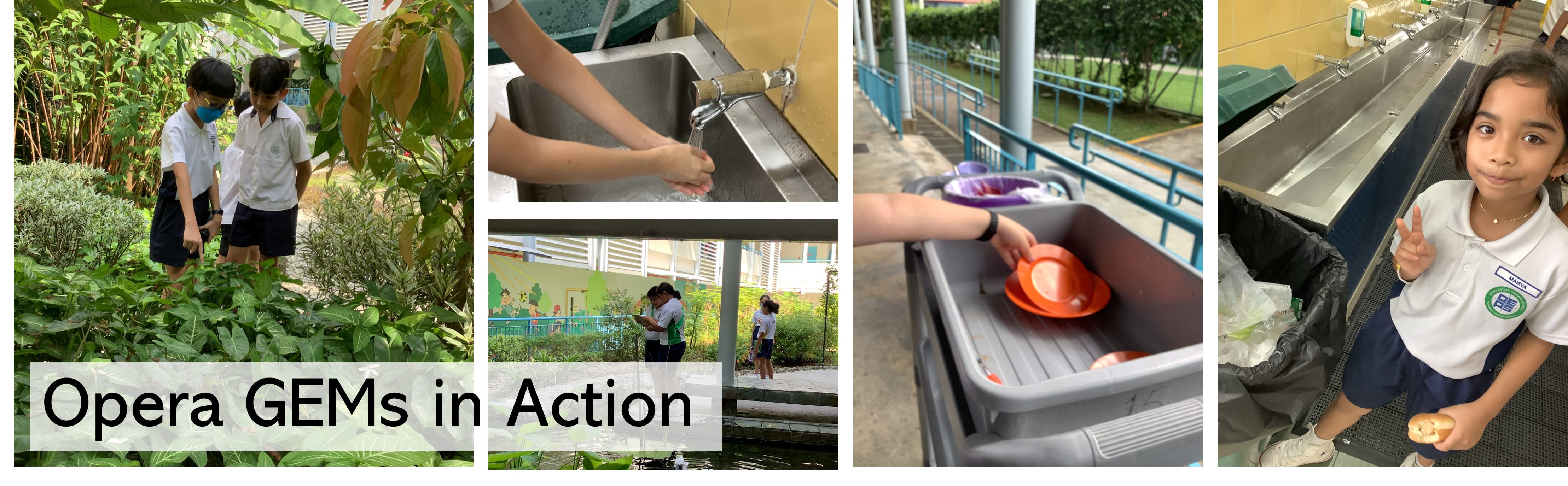 Four photos of school children doing tasks: walking in a garden, washing hands, returning trays, and a girl giving a peace sign.