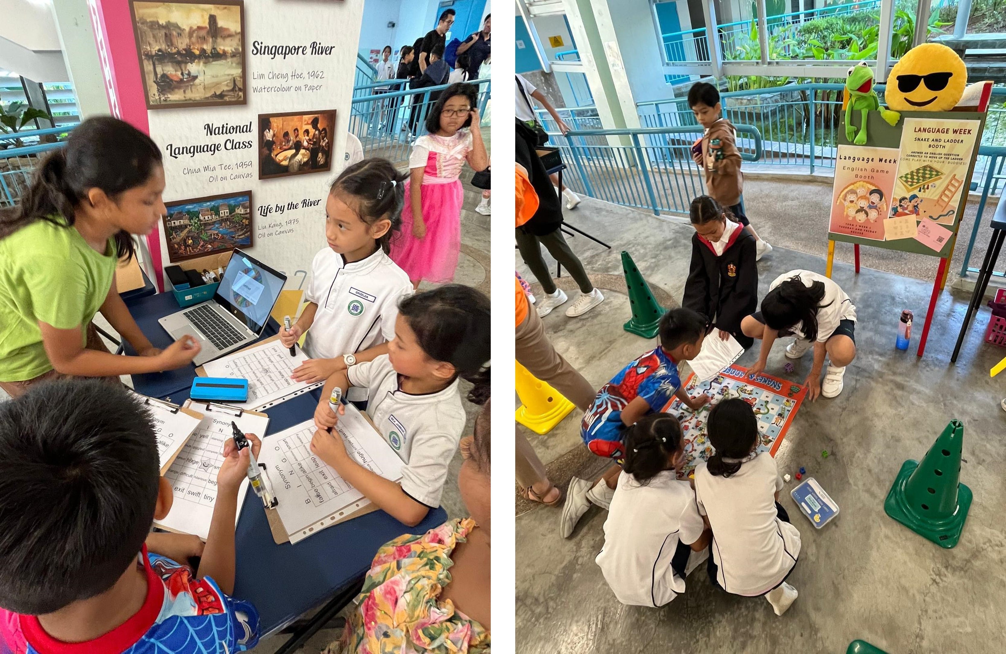 Children at a school Language Week event, doing worksheets at a booth and playing a snake and ladder board game.