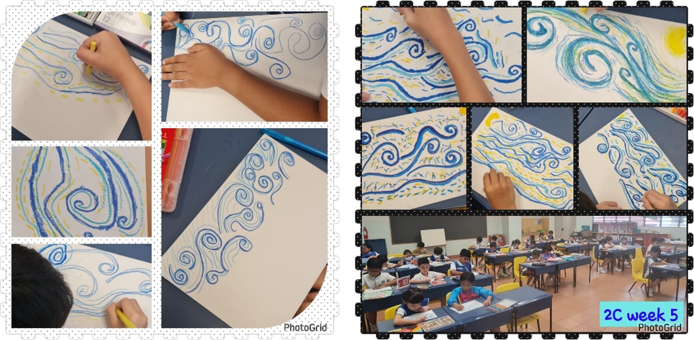 Children in a classroom draw blue swirling wave patterns on white paper, labeled 2C week 5.