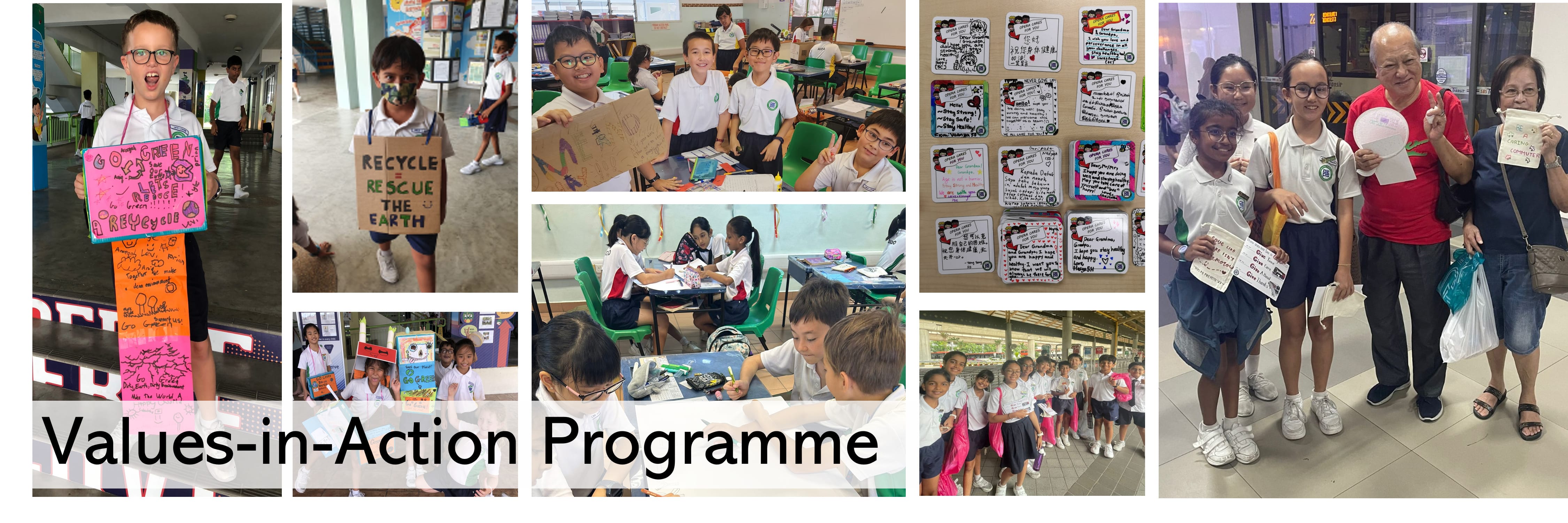 Collage of school children in Values-in-Action Programme, holding recycling signs and handwritten cards for elderly.