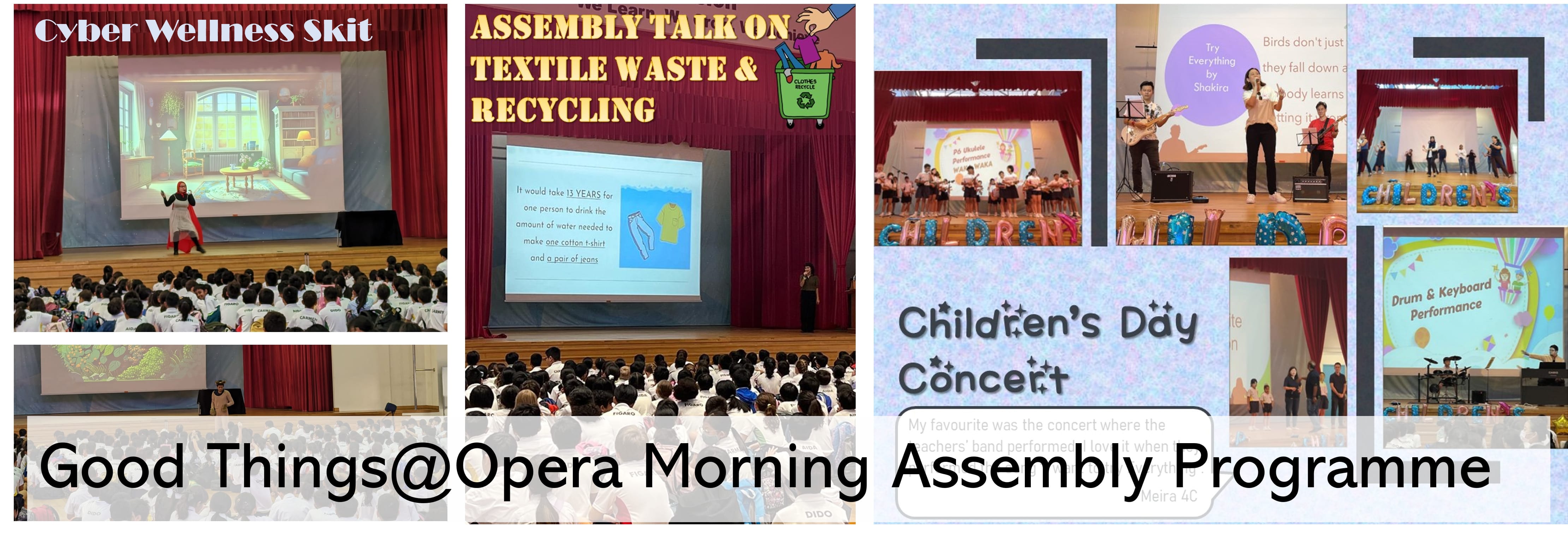 School assembly collage showing a cyber wellness skit, textile recycling talk, and Children's Day Concert performances.