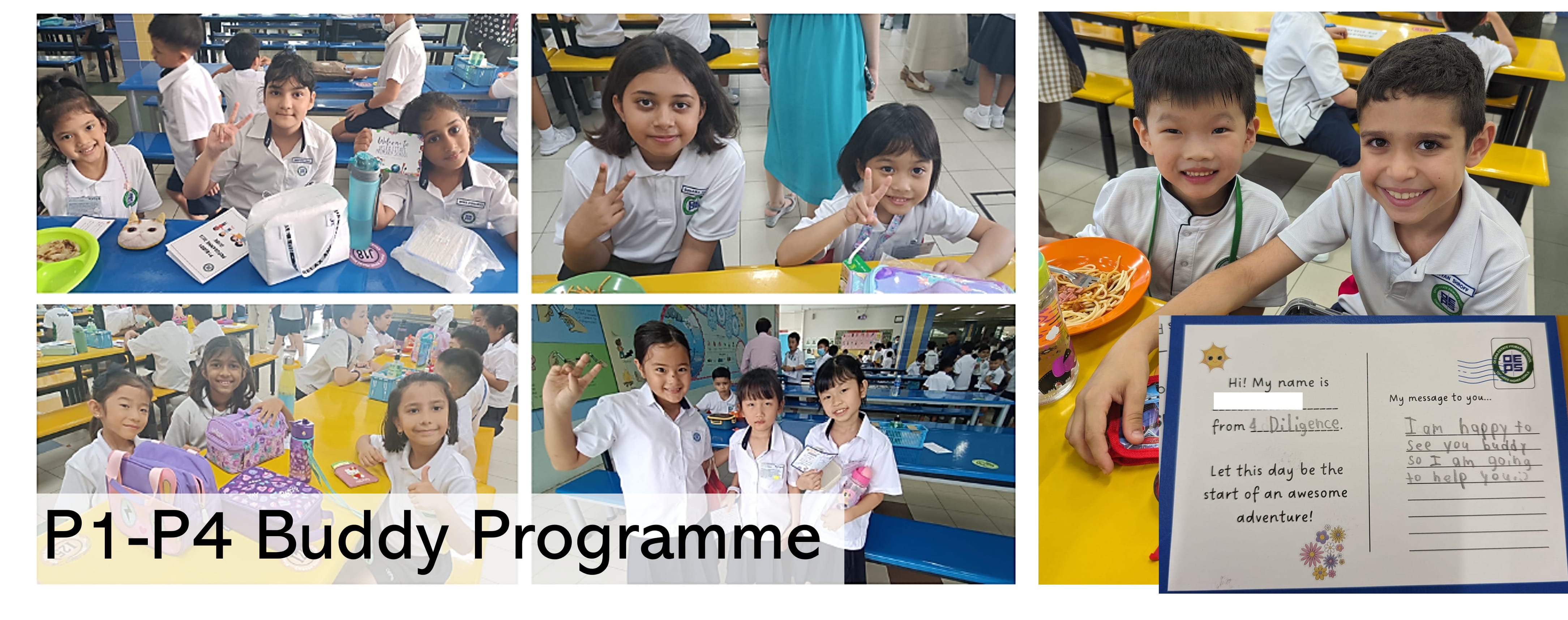 Students in white uniforms smile together at a school canteen during the P1-P4 Buddy Programme, with a welcome card shown.