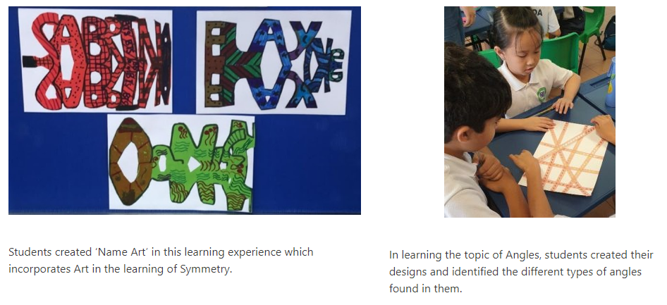 Two children examine a paper with intersecting lines; beside it, colorful name art posters display symmetry designs.