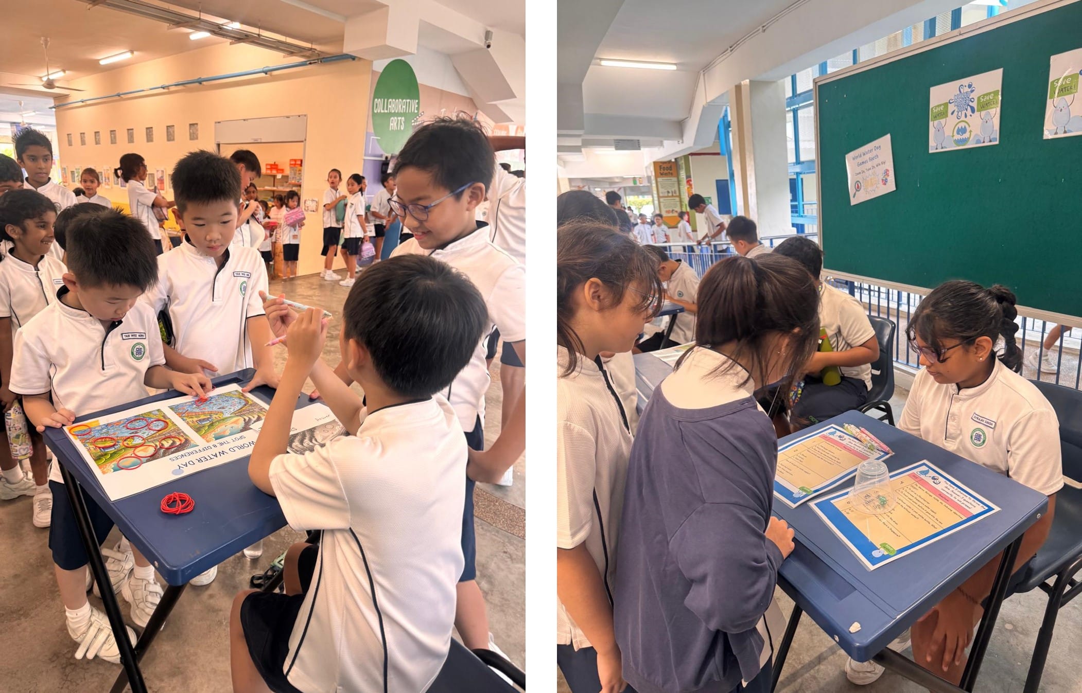 Students in white uniforms gather around small desks with World Water Day activity sheets in a school corridor.