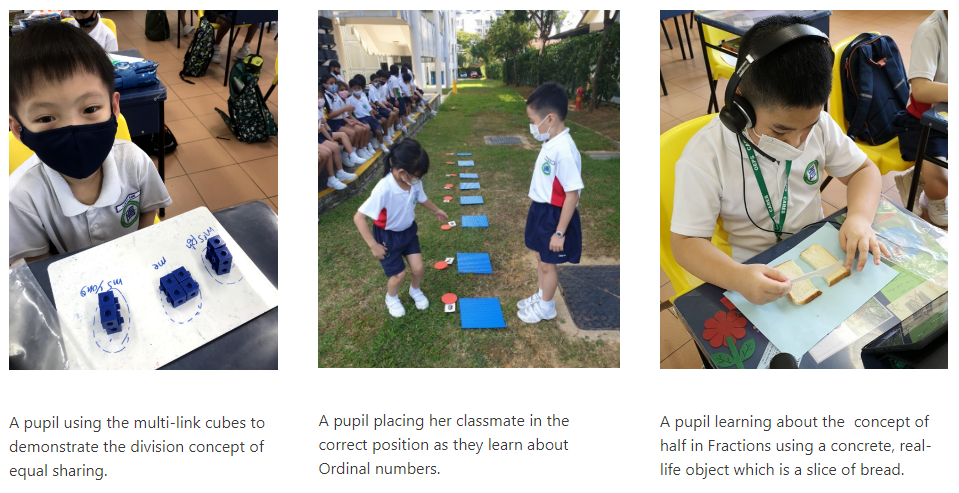 Three school children doing hands-on math activities: using cubes, learning ordinal numbers outdoors, and cutting bread for fractions.