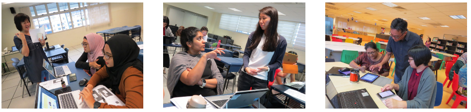 Three classroom scenes showing people collaborating with laptops and tablets in group discussions.