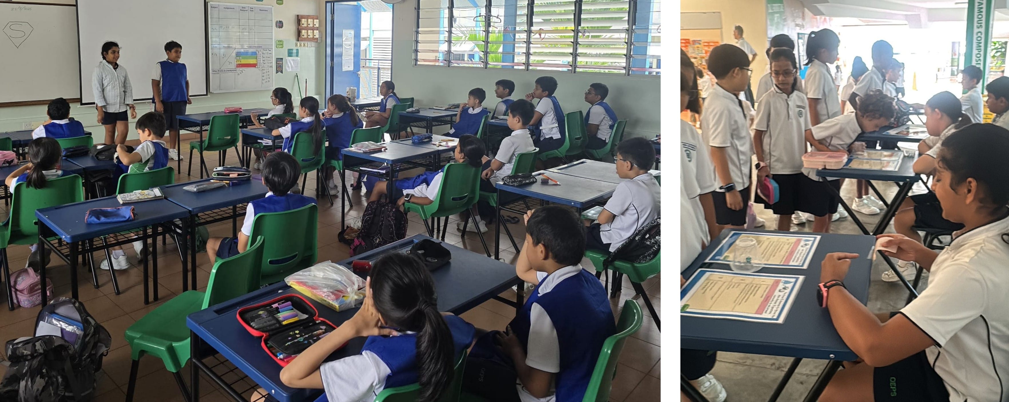 Students in blue uniforms sit at desks in a classroom while two stand near a whiteboard; another scene shows students outdoors.